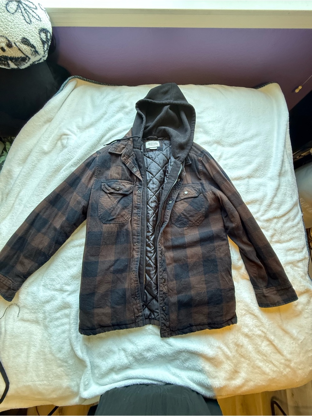 Boston Traders Men's Hooded Quilted Flannel Shirt Jacket Brown Black Plaid M